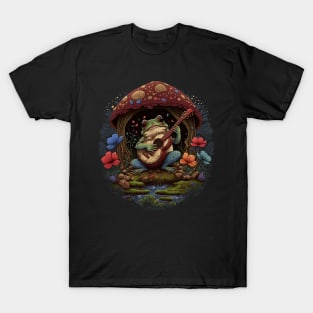 Cottagecore aesthetic cute frog playing ukelele on Mushroom T-Shirt